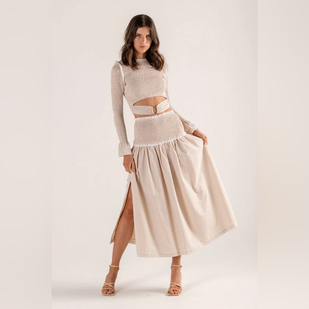 Mon Renn Ophelia Ruched Top & Midi Skirt Set Natural Gingham